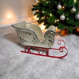 Holiday Decoration Christmas Large Silver Red Metal Santa Sleigh Victorian 11"